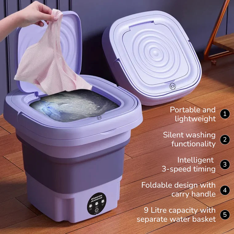 Foldable Mini Washing Machine – Portable Silent Washer with 9L Capacity & Speed Timing