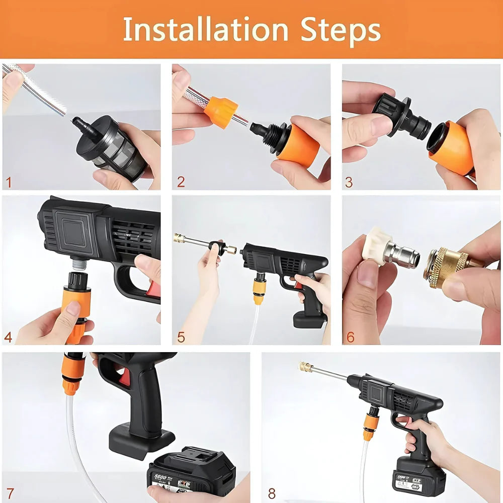 Portable High Pressure Car/Bike Water Washer With Flexible Water Sourcing-Nozzle With Double Battery